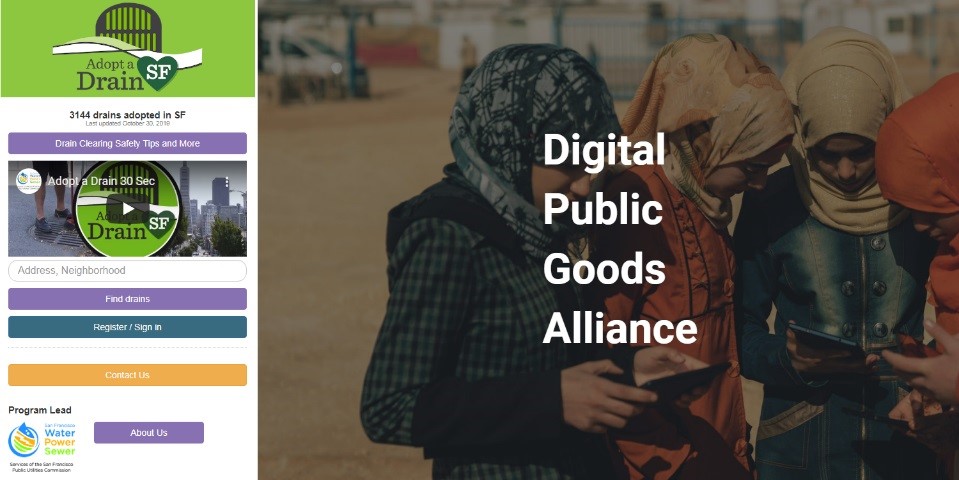 Digital Public Goods web page overlaid on Adopt a Drain SF website.